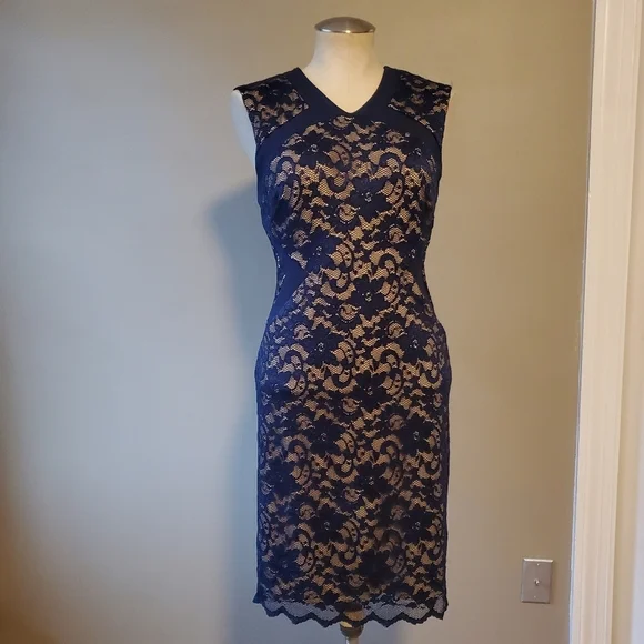 Belle Badgley Mischka Navy Lace Illusions Dress - Picture 2 of 6